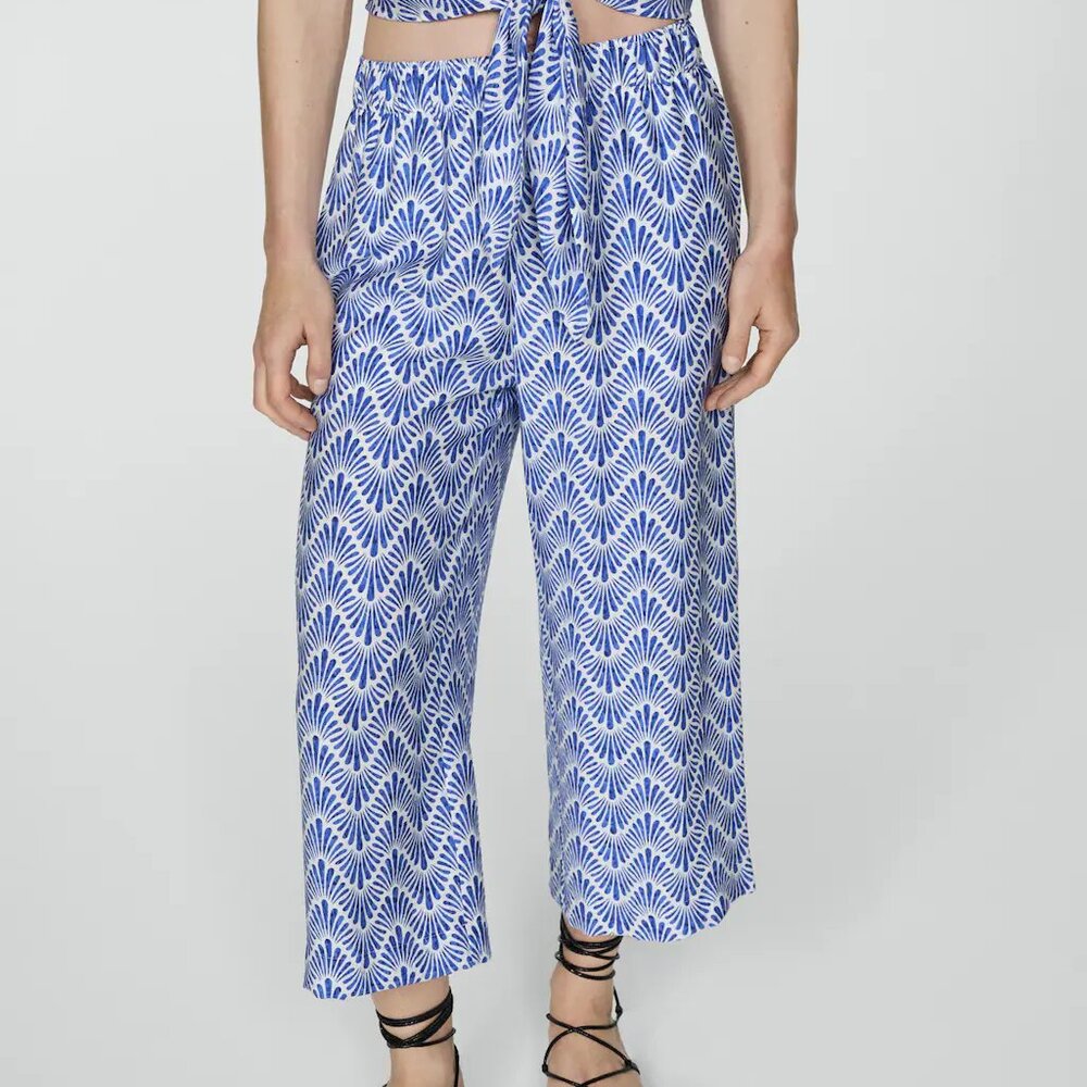 Mango Blue and White Leaf Print Straight Pants/NWT/M